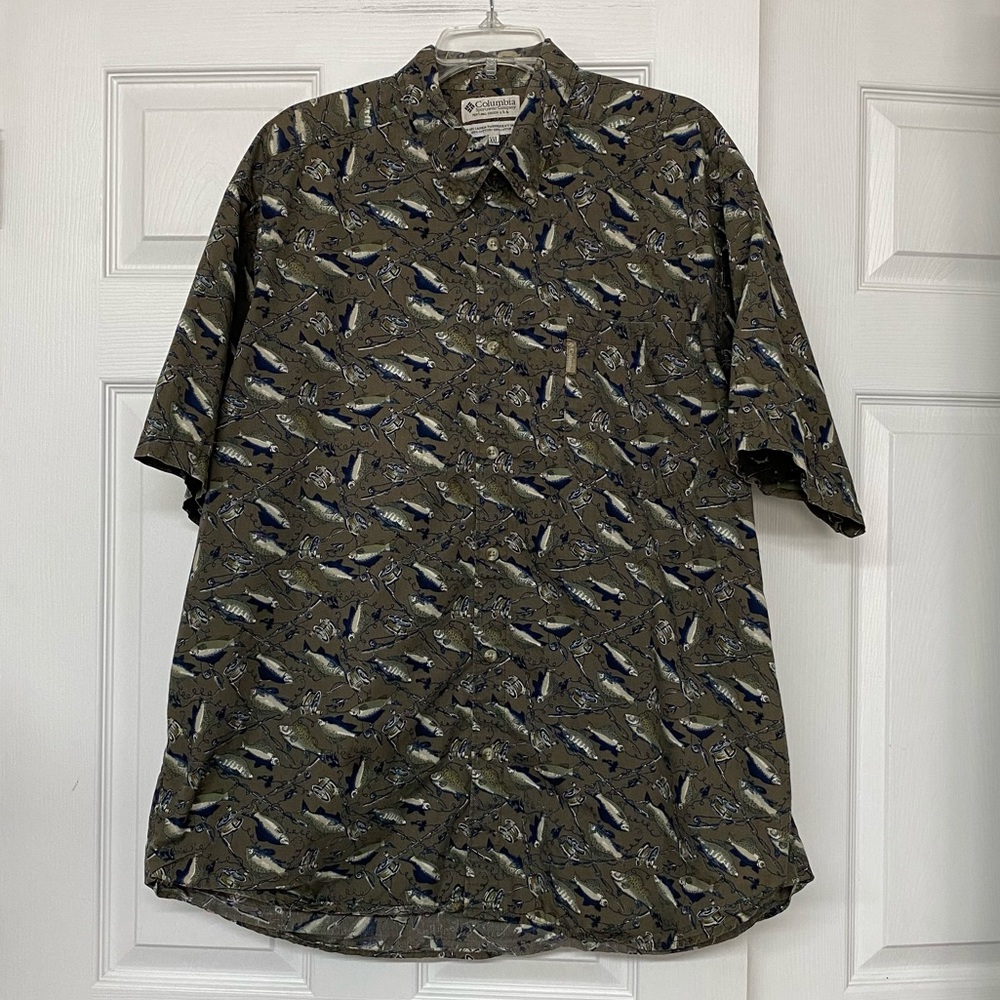 Columbia Novelty Fish Fishing Print Short Sleeve Button Front Shirt Sz XXL
